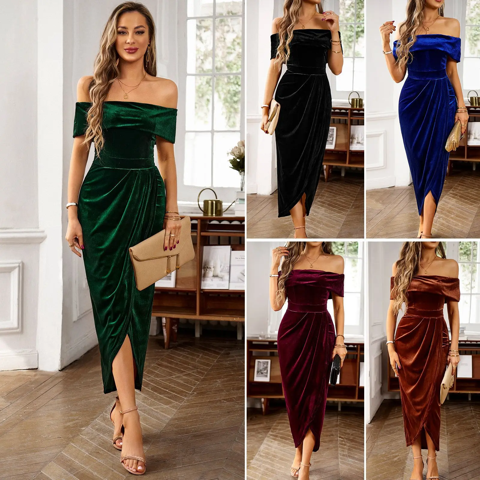 

Women's Velvet Long Dresses Elegant Split Pencil Maxi Dress High Waist Pleated Hip Wrap Vintage Skirts Evening Party Dresses