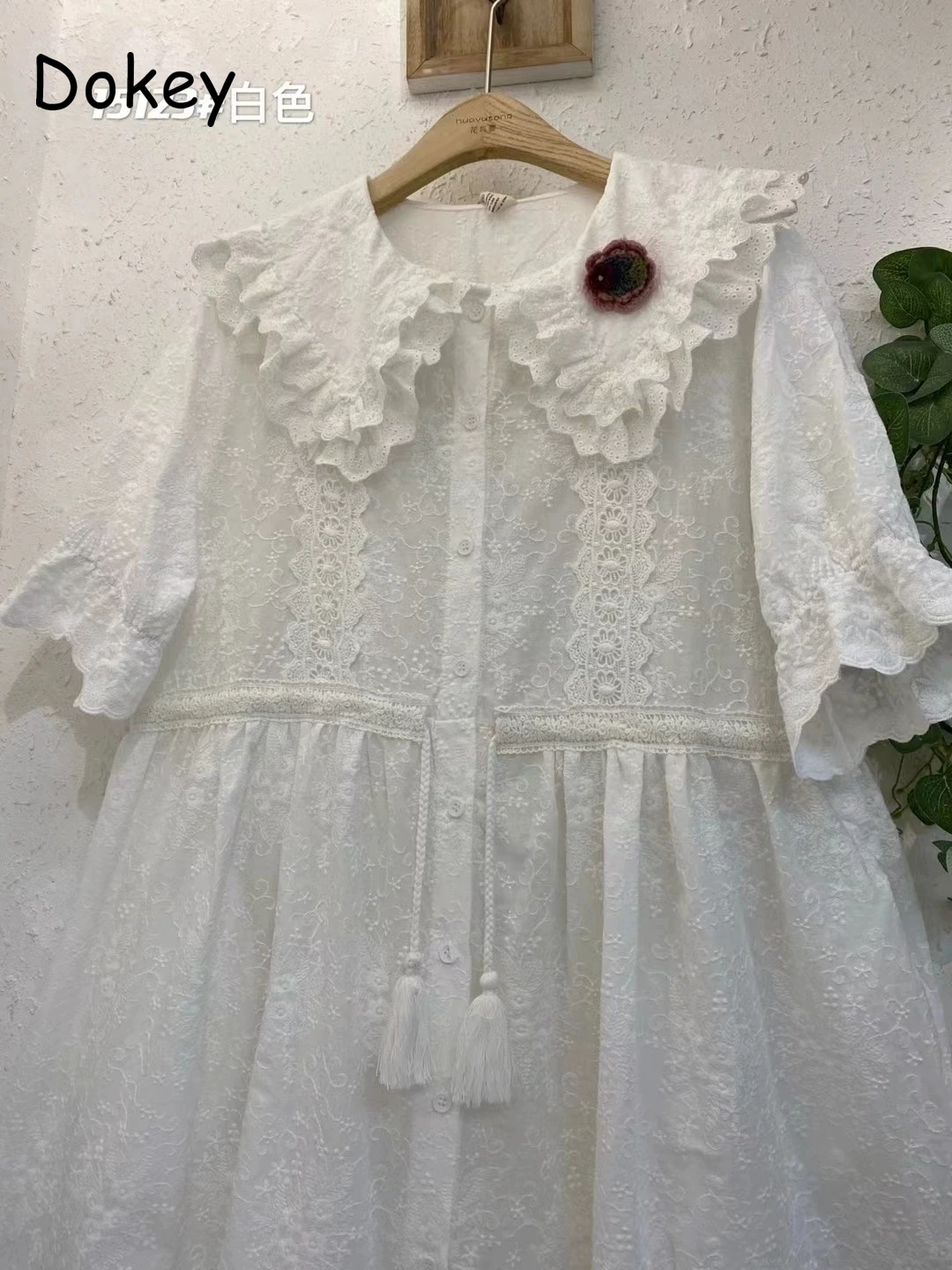 Women\'s Vintage White Hollow Out Dress Summer Japanese Mori Girl Lace Ruffled Turn-down Kawaii Dress Loose Cotton Linen Vestidos