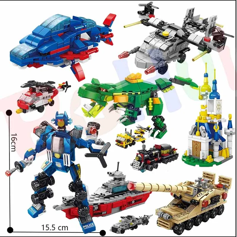 6IN1 City Engineering Car Police Truck Mech Dinosaur Building Blocks Tank Helicopter Bricks Fire Fighting Set Toys for Children