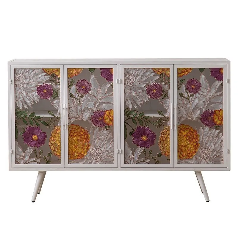 solid wood chest, retro wrought iron painted modern glass door, side cabinet, living room against the wall to store lockers