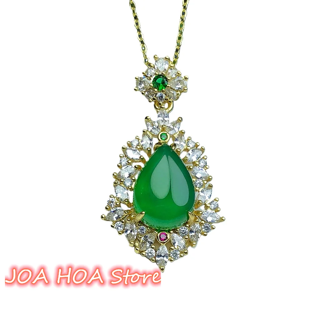 

Emerald Green Chalcedony Pendant Chain Gold Plated Inlaid Drop Shaped Agate Jade Zircon Necklace High Quality Jewelry