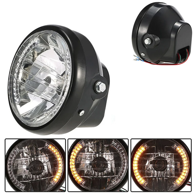 New 1pcs Universal Black 6.5Inch Motorcycle Headlight H4 35W LED Head Lamp 9 Wires Turn Signal Light Mount Bracket