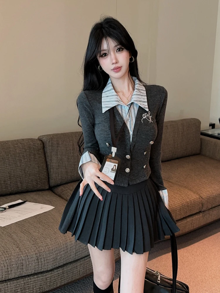 American College Style High Waist Pleated Knit Top And Skirt Set Long Sleeve Splice Design Fashionable Two-Piece Women's Outfit