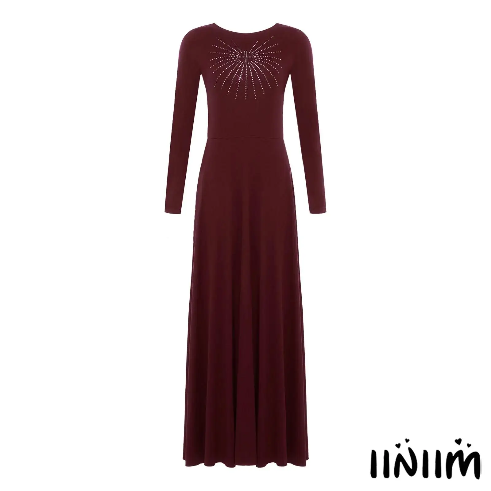

Women Church Worship Dress Rhinestone Embellished Long Sleeve Crew Neck A Line Maxi Tunic Dresses for Liturgical Lyrical Dance