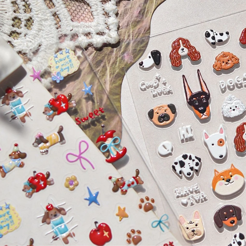 

Animals Puppy Party Dog Dachshund Apple Bowknot Line Fruits Bone Lovely Relief Self Adhesive Nail Art Stickers 5D Manicure Decal