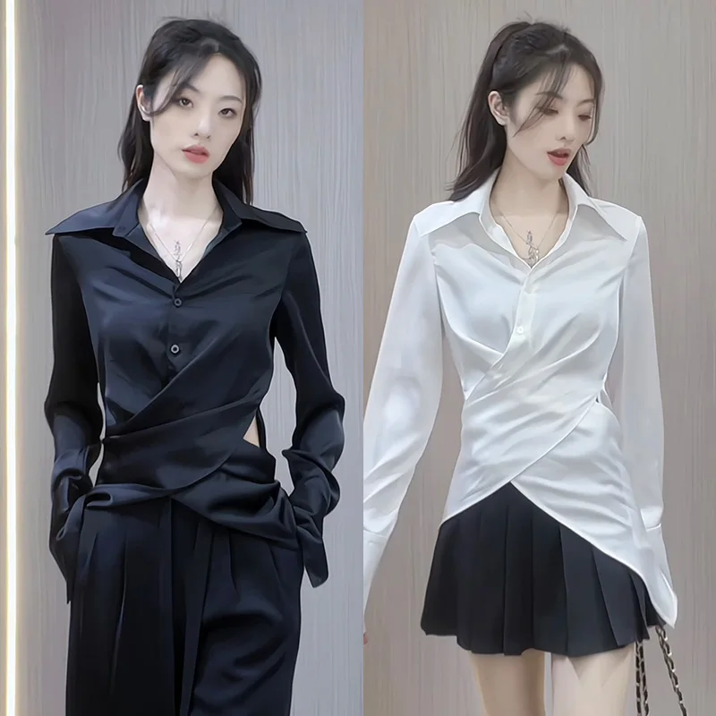 

Элегантная черная атласная рубашка женская, приталенная, простая, класса люкс, свободного кроя, с длинным рукавом, V-образным вырезом, стильный дизайн, прямой крой