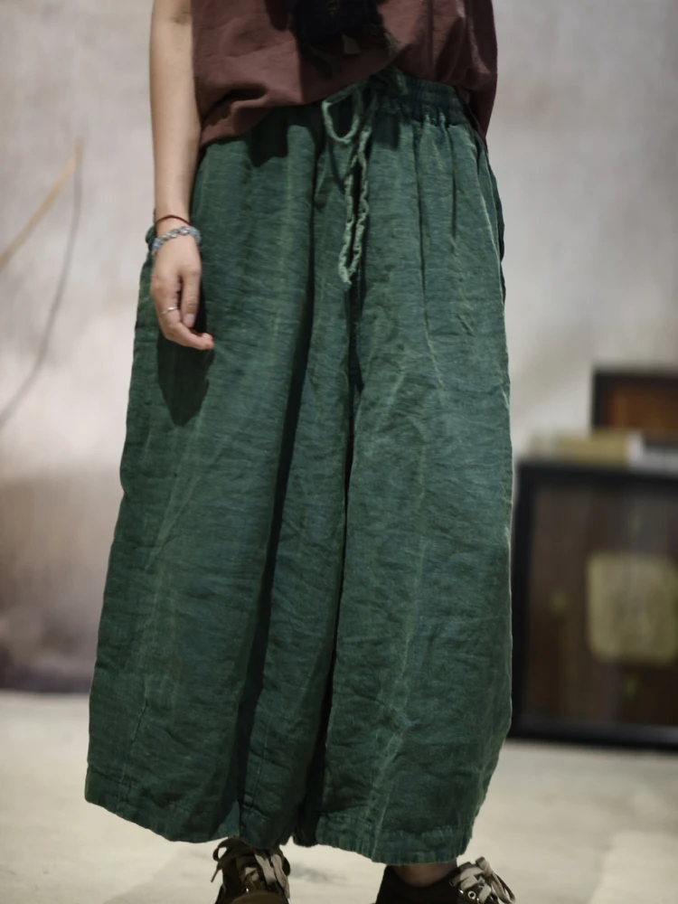 

Artistic Loose Fit Linen Nine-Piece Pants with Belt Sand Waed Casual Leisure Trousers for Women Original Design SN203