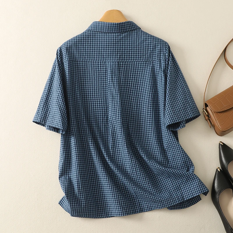 

Retro Blue Plaid Cotton irt Women's Summer Thin Casual Top Turn-down Collar Loose Fit ort Sve Button up Cardigan