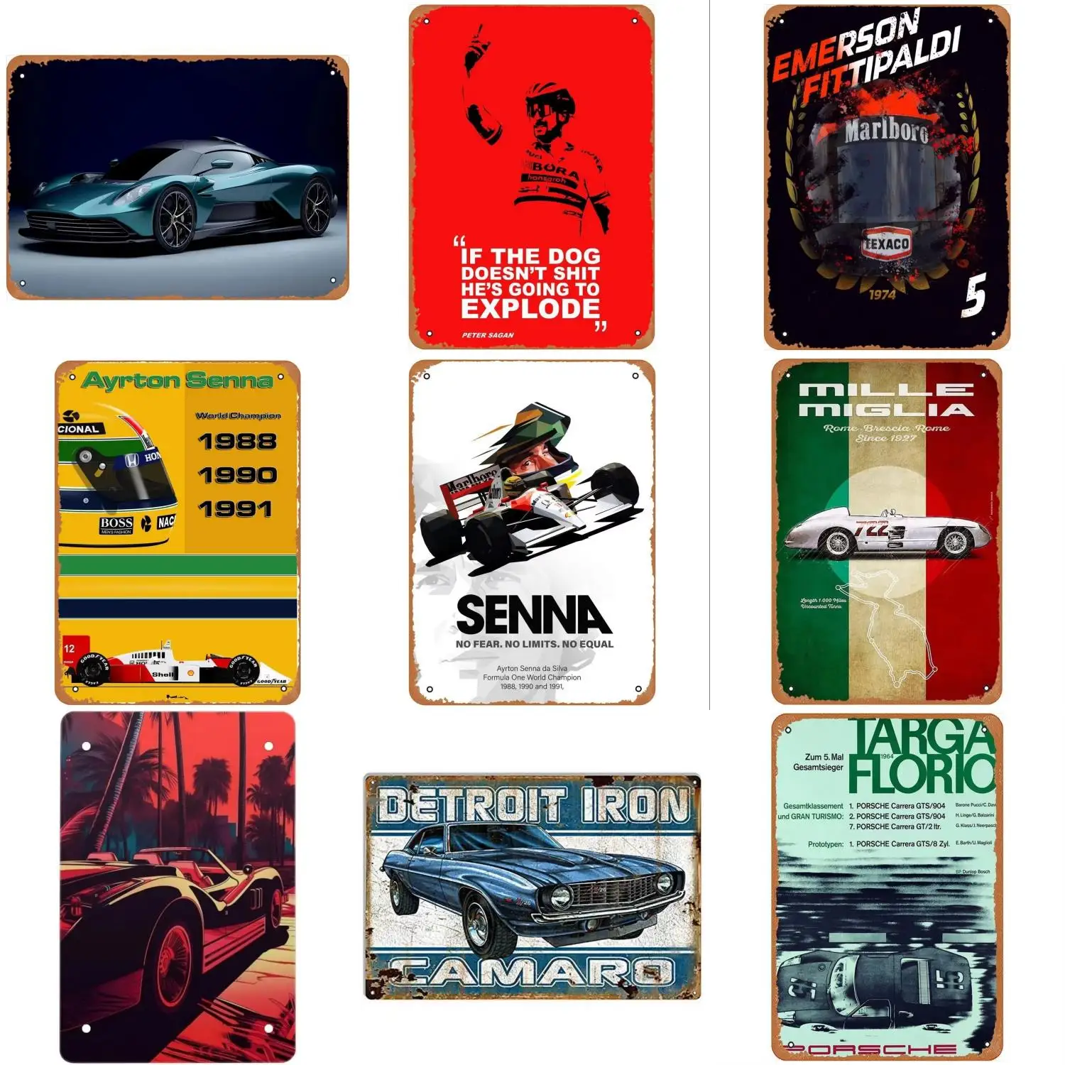 カーズレーシングメタルティンサイン-ヴィンテージ-セナ-ミッレミリア-ル・マン-1966-オート-ウォールアート-男性用洞窟カフェバー-パブ装飾