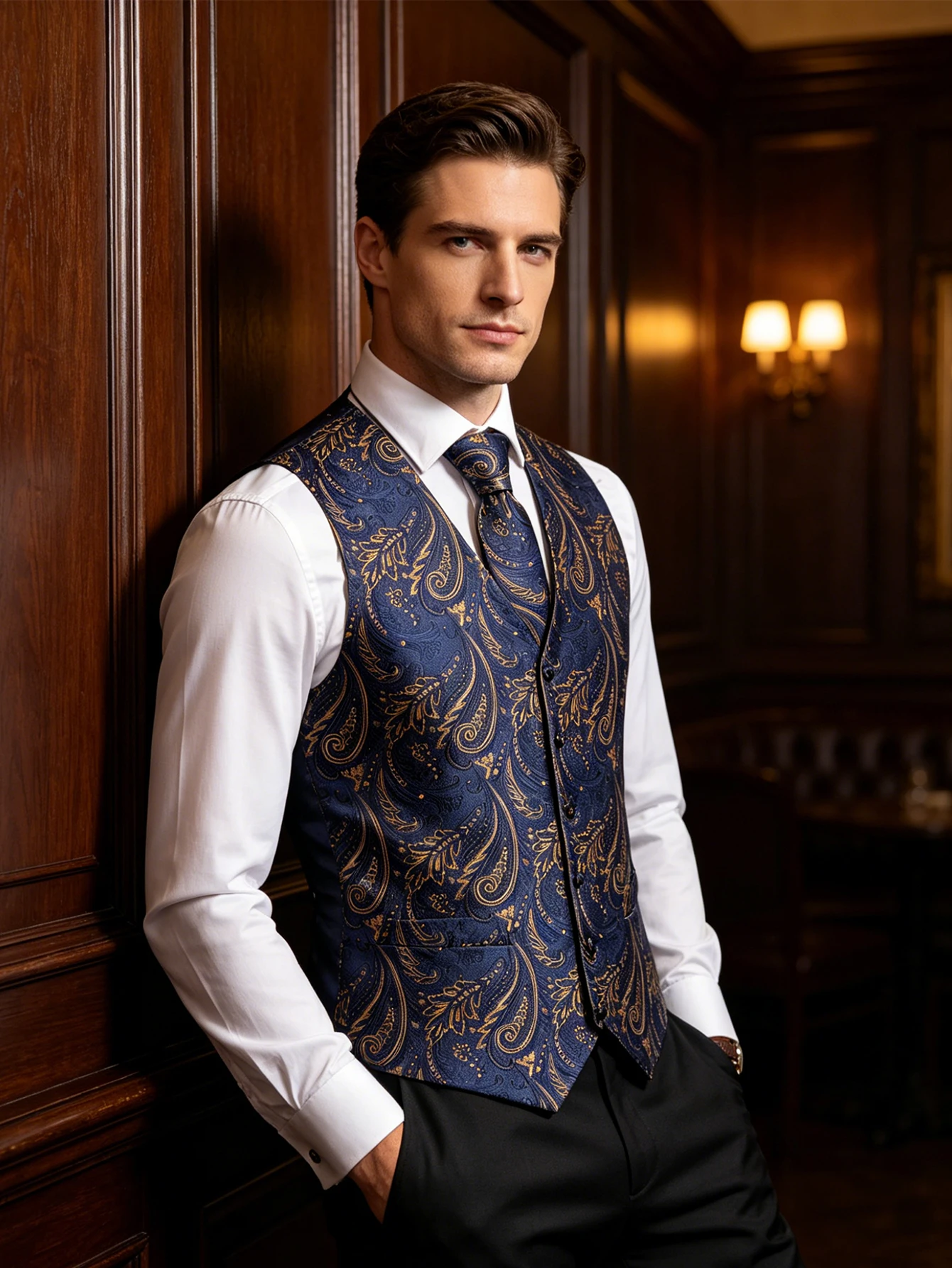 

Navy Gold Paisley Jacquard Waistcoat Accessory Kit Tie Pocket Square Cufflinks For Business Reception Wedding Guest