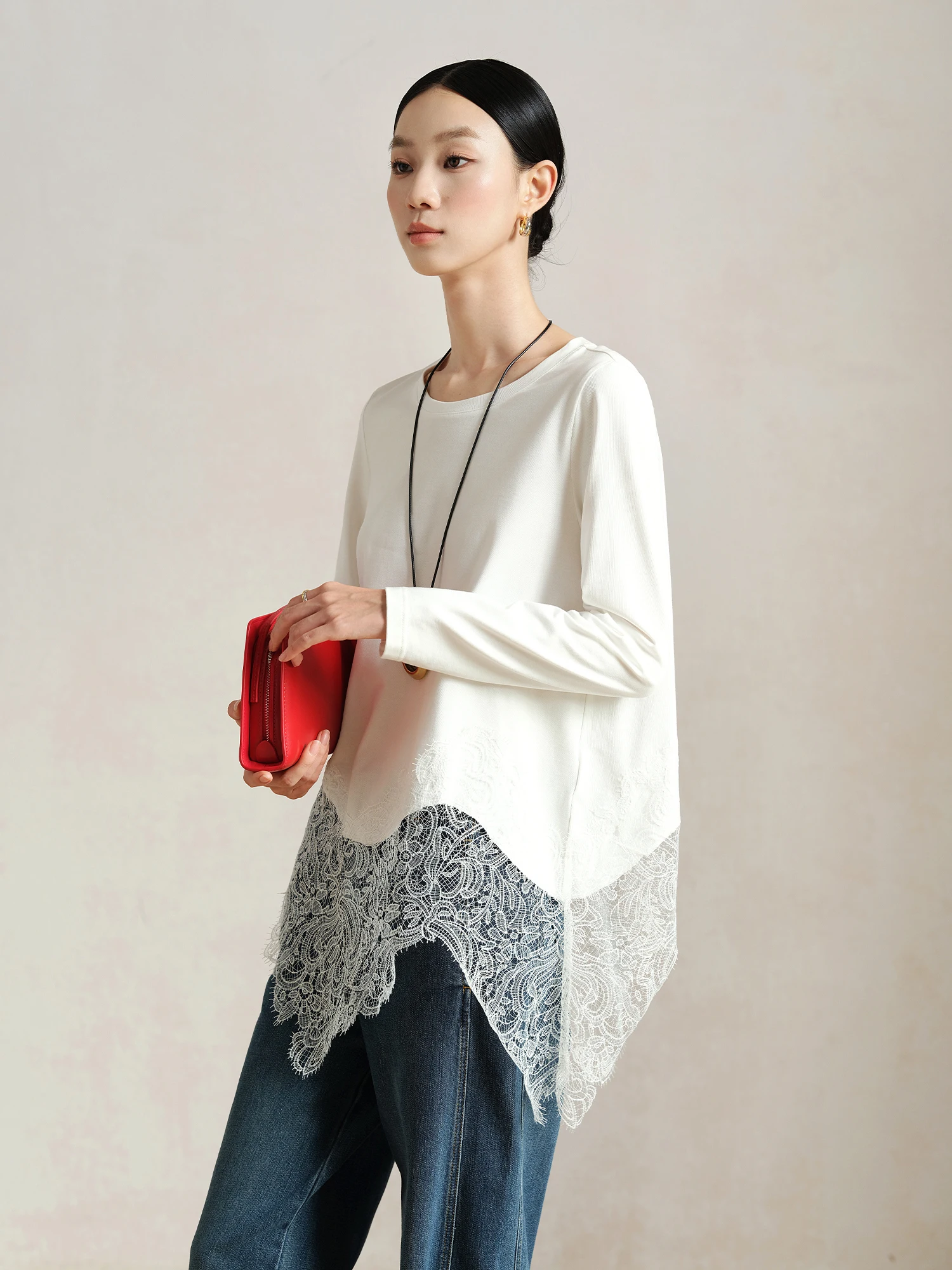 

Ji Qirui 00% High Cotton Lace Splicing Long Sve round Ne T-irt Casual Sle Versatile Slimming Top for Women