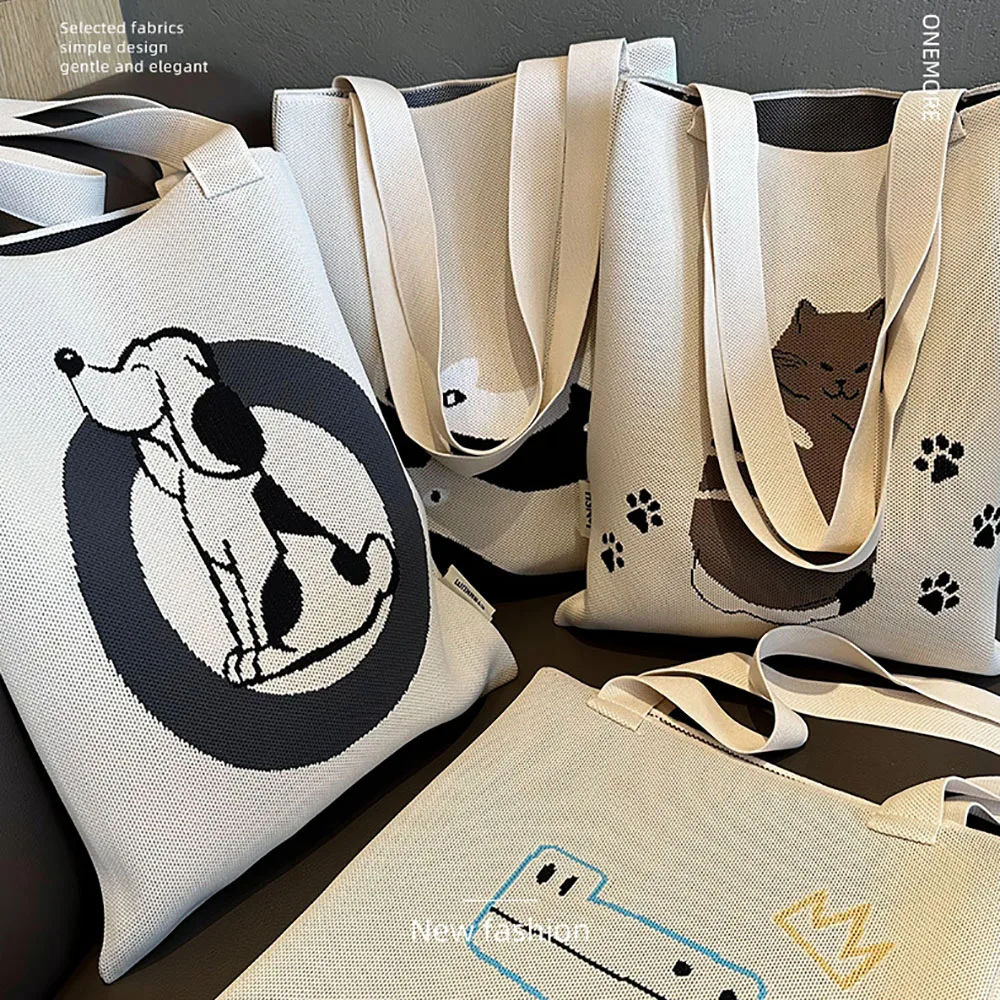 Large Capacity Knit Handbag Women Fashion Shoulder-bag Casual Color Wide Stripe Plaid Tote Bag Student Reusable Shopping Bag