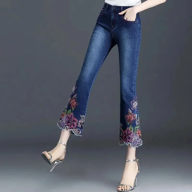 

Spring Summer New Elastic Embroidered Jeans Women's Fashion Slim High waist Female Casual Denim Ankle length Pants
