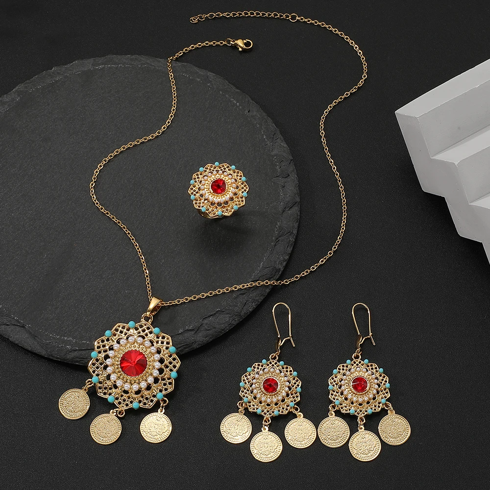 Arab Hot sale Jewelry Sets bohemian tassel pendant Necklace Earring Ring  Set stainless steel golden  for Women Wedding jewelry