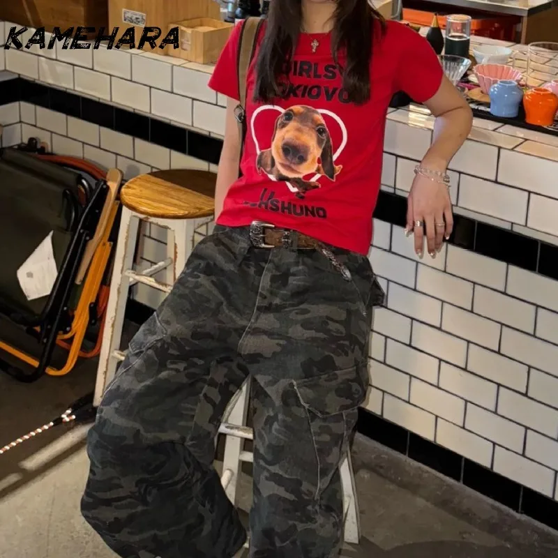 

KAMEHARA Retro Millennium Y2k Cartoon Printed Round Neck Short Sleeved Tees Korean Summer Fashion Shoulder Slimming Top 민소매 티 여성