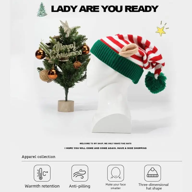 652F قبعات شتوية أكريليك مخططة مع زينة للأذن لقبعات كرة عيد الميلاد #3
