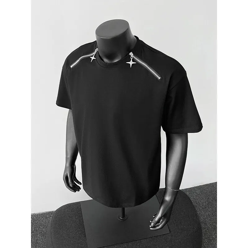 Breathable Mens Round Neck T-Shirt Man Zip Detail Trendy Design New Urban Streetwear Casual Summer Tee Comfort Fit Stylish Soft
