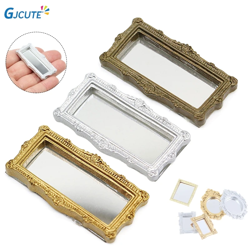 1pc Miniature Mirror 1:6 1:12 Dollhouse Miniature Vintage Square Carved Mirror Furniture Model Decor Toy Doll House Accessories