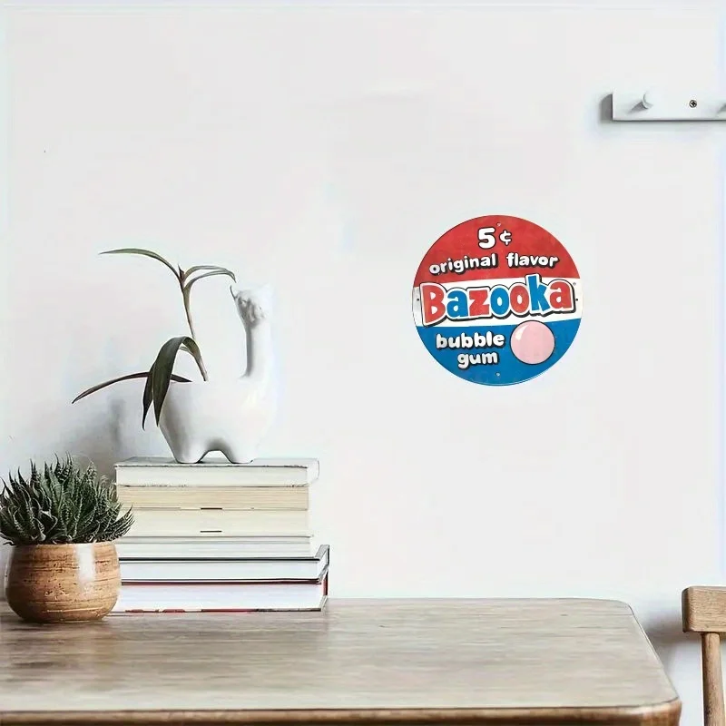 شعار Vintage Bazooka Bubble Gum - ديكور جدار حديدي مستدير 8 بوصة، نكهة أصلية، تصميم قديم، مثالي للحانات والمقاهي والنوادي، K #5