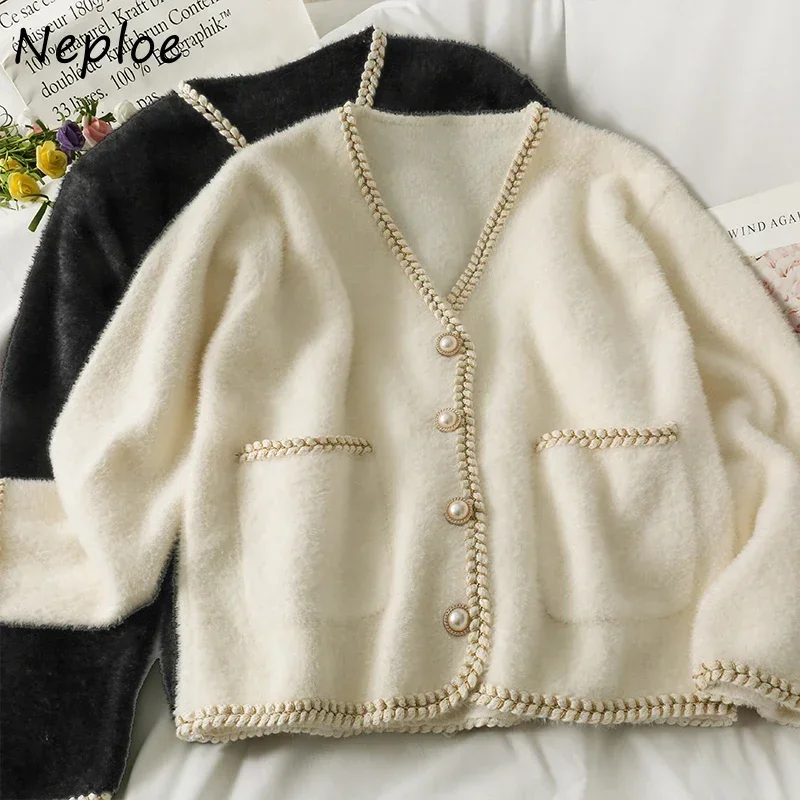 Neploe Bright Silk Edge Single-breasted V-neck Female Cardigan Long Sleeve Sweater Jacket Autumn Loose Office Lady Open Stitch