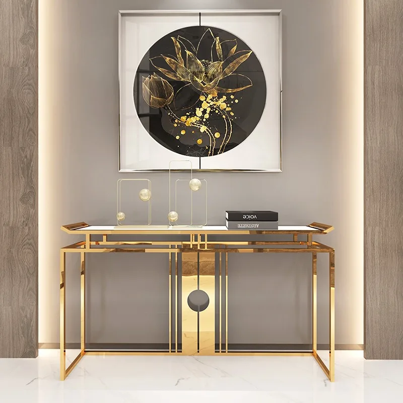 New Chinese light luxury stainless steel marble entrance table Clubhouse Hotel end view table entrance cabinet corridor entrance