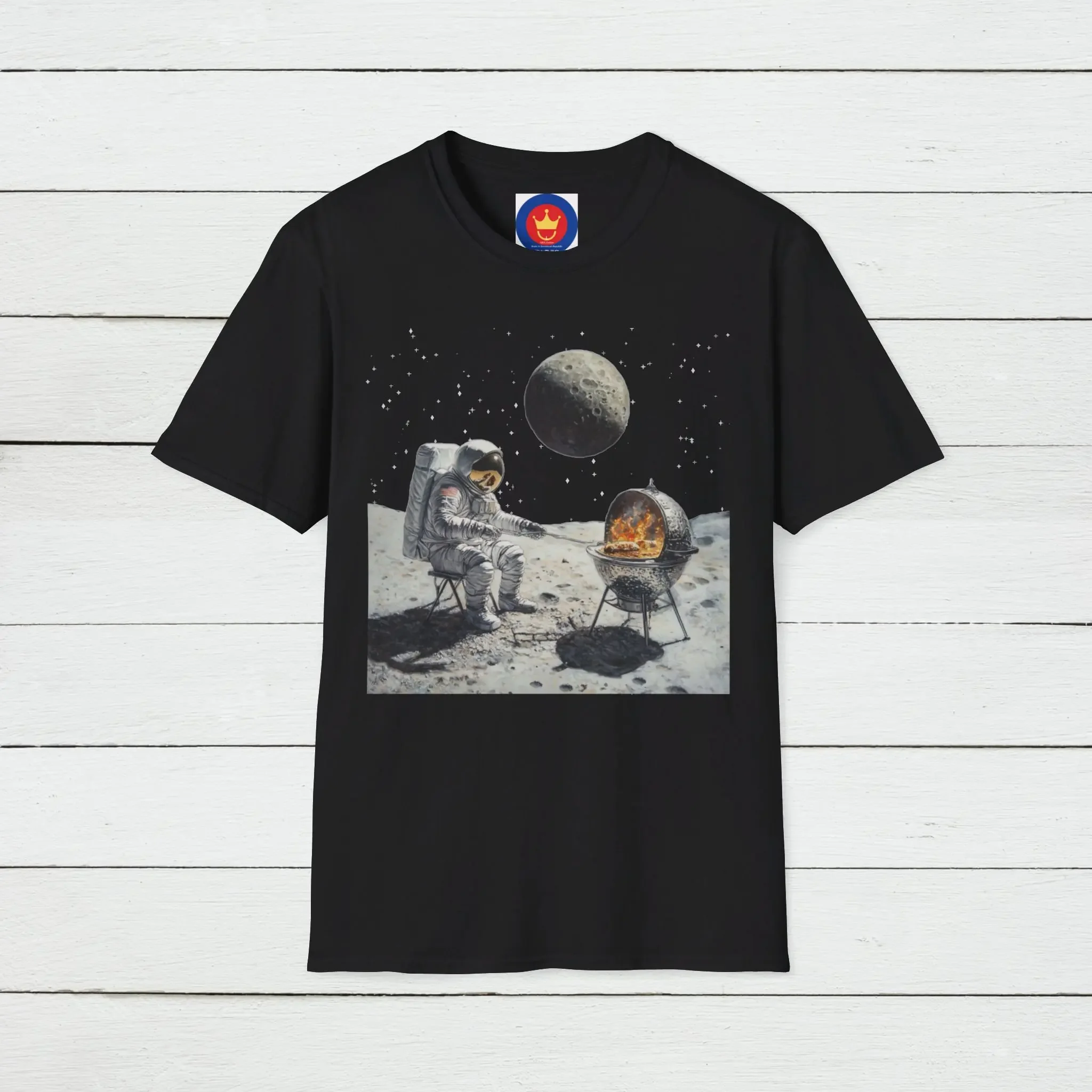 Camiseta con diseño de astronauta en la luna, divertida camiseta espacial con diseño original para entusiastas del barbacoa al aire libre
