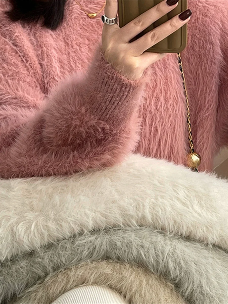 

Ele Thiened Large Size Color Mink Sweater Quali Crtsmanip Commute Sle Long Sve round Ne Sweater