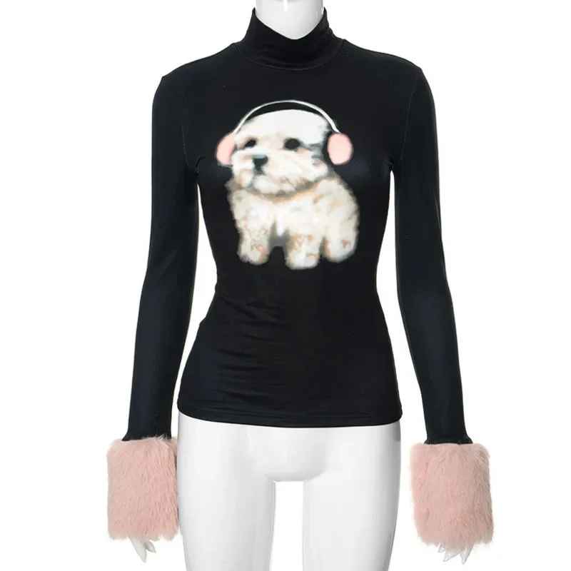 Dog Print Fur Sleeves Light Pink Bow Half Skirt Women Y2K Sexy Girl Dog Print Fur Cuffs O-neck Pullover Mesh Top Set Women New