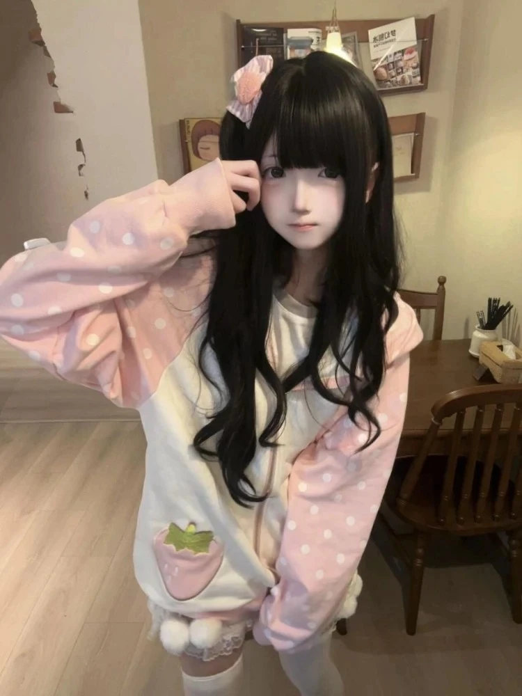 Japanese Kawaii Rabbit Ears Hoodies Tops Women Design Loose Dot Lace Patchwork Cute Coat Harajuku Chic Sweet Lovely Sweatshirts