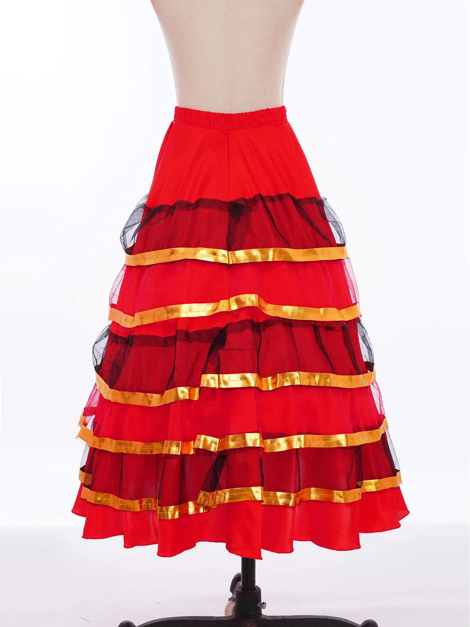 女の子用スペインフラメンコダンスマキシスカート、ティアードフリルサテンスカート、社交ダンスクラシックジプシーメキシカン闘牛パフォーマンスコスチューム