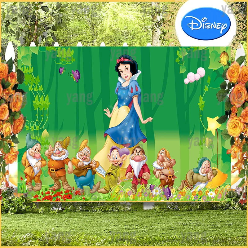 Cartoon Custom Disney Romantic Princess Cute Snow White Seven Dwarfs Green Forest Backdrop Birthday Party Photography Background