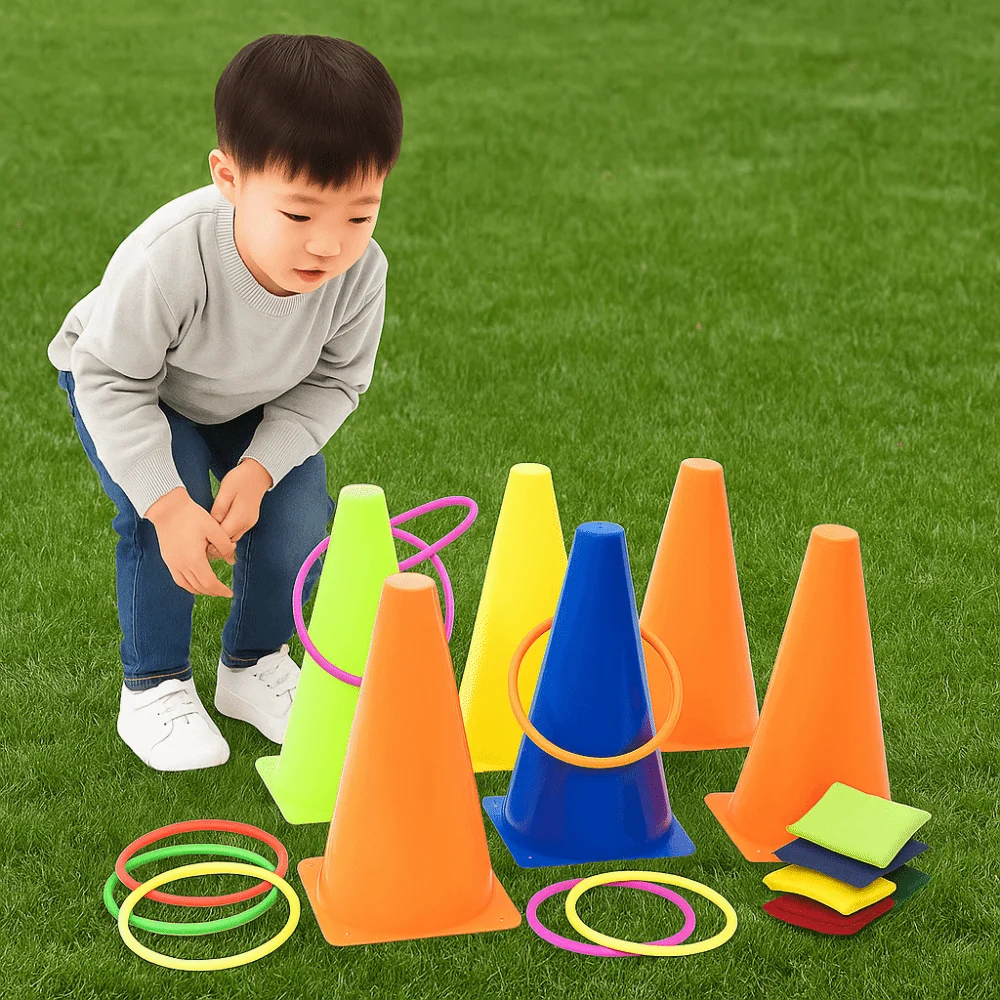 Anneaux en plastique arc-en-ciel, jeu de lancer de crème glacée, cible de cône, vitesse de lancer, jouet interactif, tour arc-en-ciel, jouet d'extérieur pour enfants