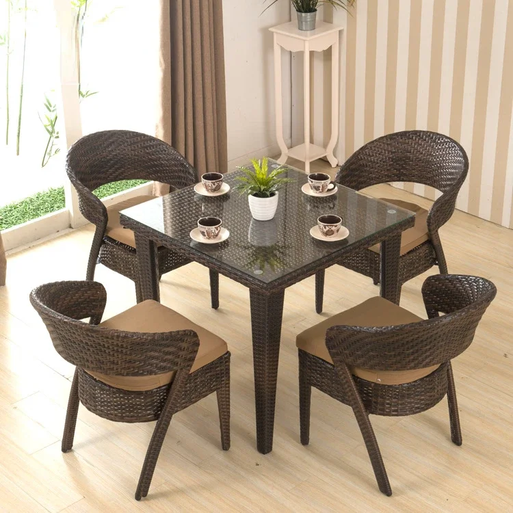 Outdoor table and chair Rattan table and chairs leisure cafe balcony courtyard table and chair solid wood rattan chair coffee