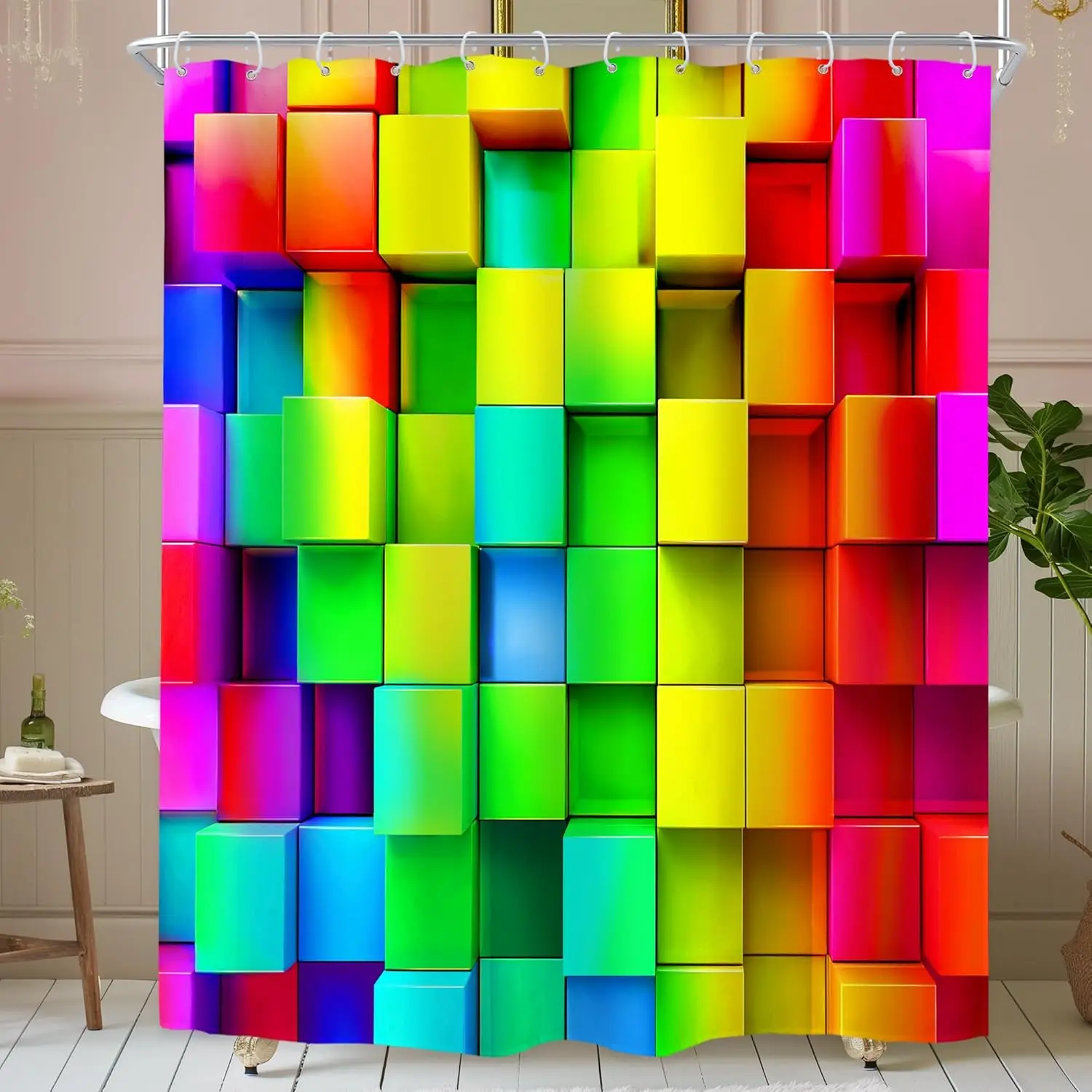 Extra Long Colorful Rainbow Wall Shower Curtain Abstract Brick Neon 3D Bright Geometric Plaid Colored Modern Chromatic Bathroom