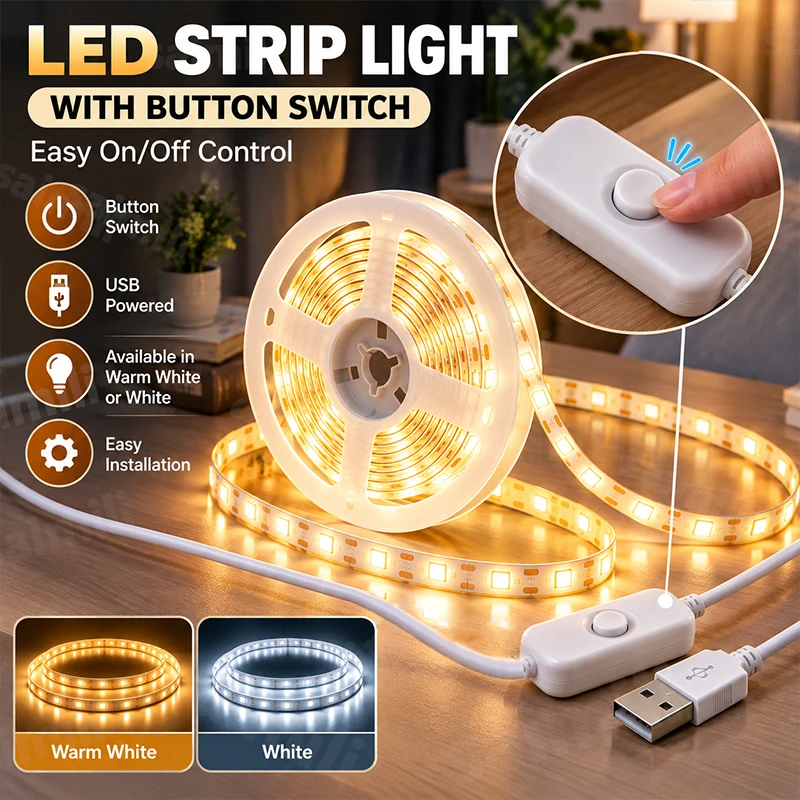USB LED Strip Lights 2835 SMD Button Switch Cozy Ambient Light For Bedroom Headboard Living Room Home Atmosphere Decor