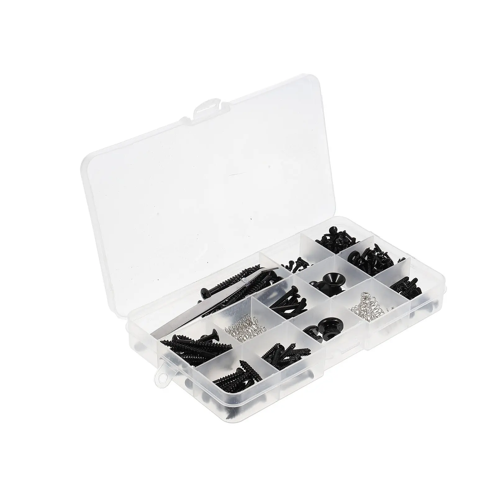 1Set Portable Guitar Mounting Screw Kit Repair Accessories Black 9 Different Screws 2 Strap Buttons Elbow Tweezers Guitar