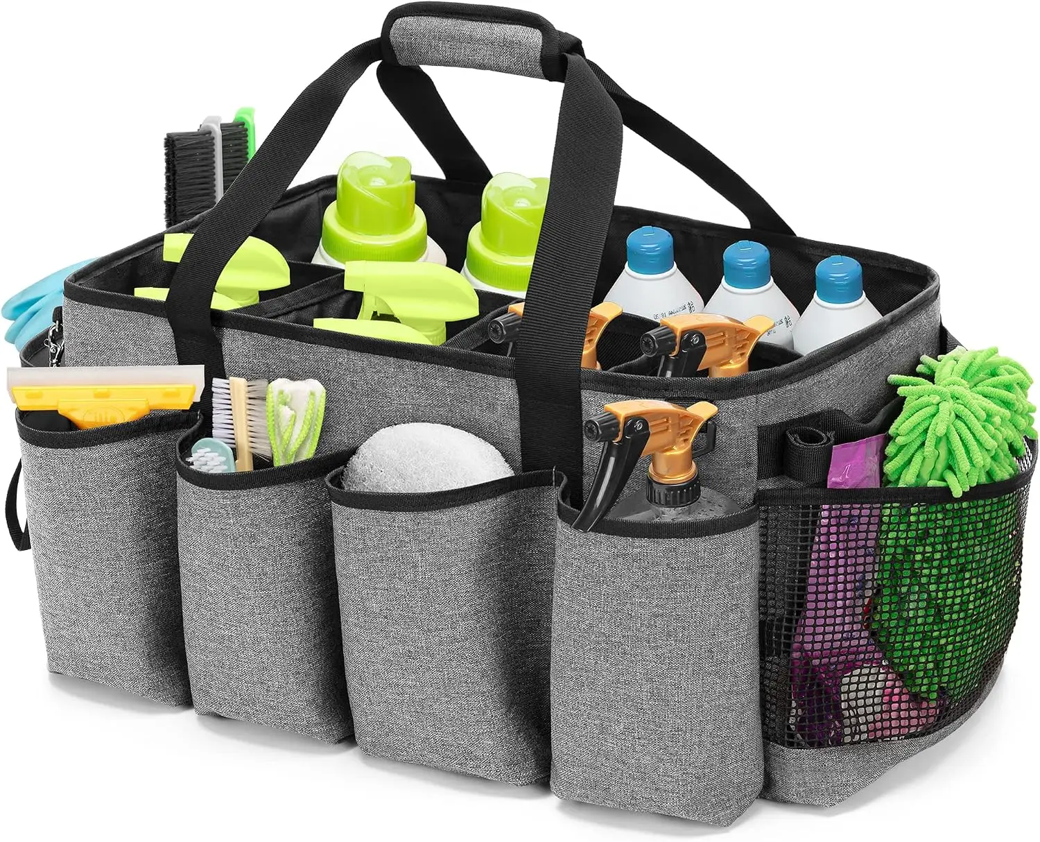 Large Cleaning Caddy Tote Bag with Pockets, Water-Resistant Nylon Organizer for Home Car, 19x11x11in Gray
