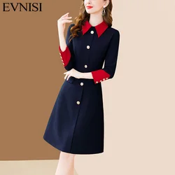 EVNISI Women Blue Spring Dress Peter Pan Collar Knitted Elegant Bodycon A-line Dresses Long Sleeve For Women Office Vestidos