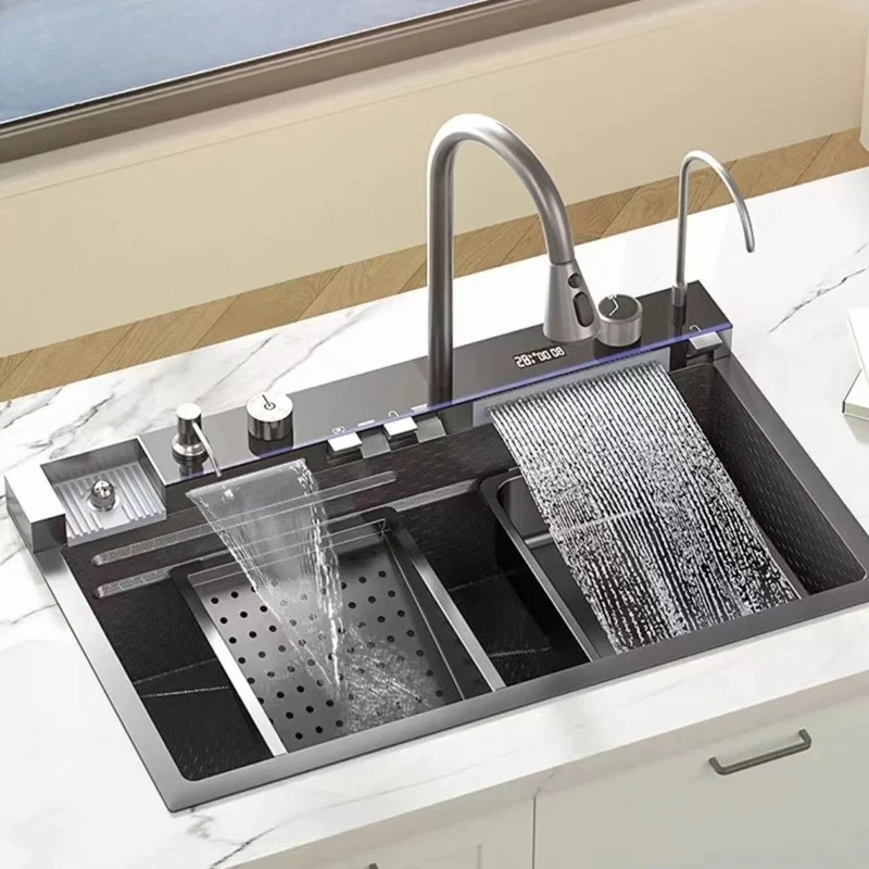 304 Stainless Steel Whale Kitchen Sink 75x45cm Large Single Slot with Digital Display Waterfall Faucet