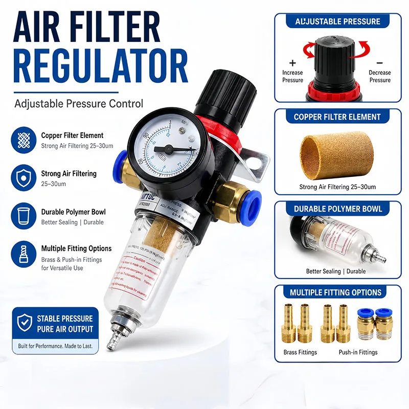 

AFR2000 Air Filter Pressure Regulator 1/4 Inch Water Oil Separator Brass Fittings Push-in Connectors Pneumatic Compressor Parts