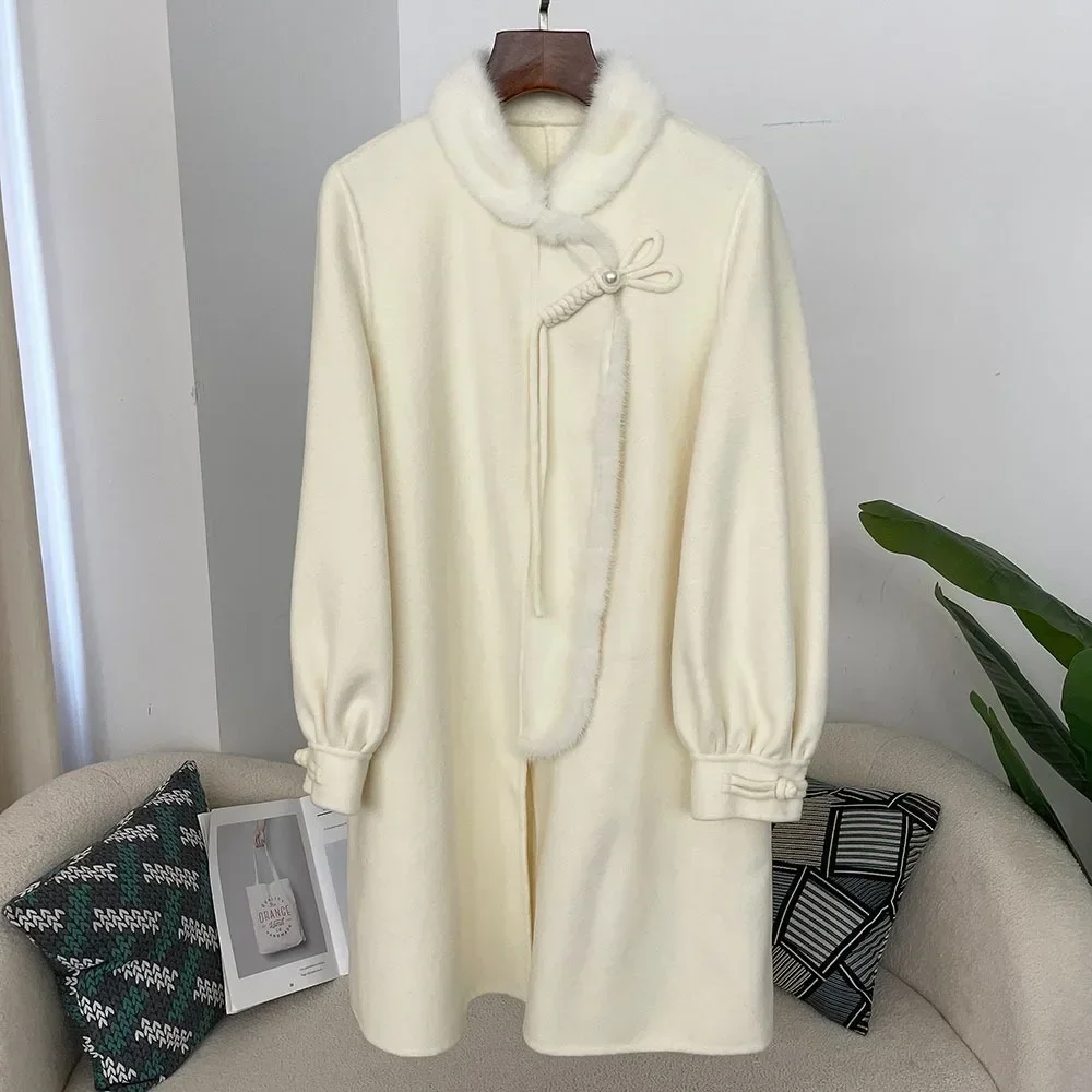 

Осень-зима 2024, новая мода, натуральный норковый меховой воротник, длинное толстое теплое шерстяное пальто, женская верхняя одежда, однотонная одежда