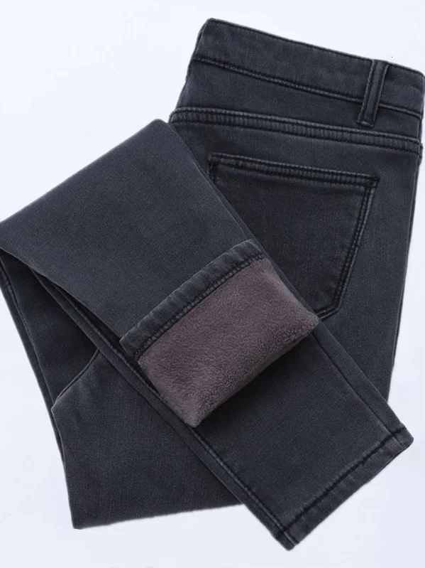 Women's Fleece Lined High Waist Thickened Denim Pants Winter Warm Elastic Slim Fit Korean Style Outerwear Long Trousers