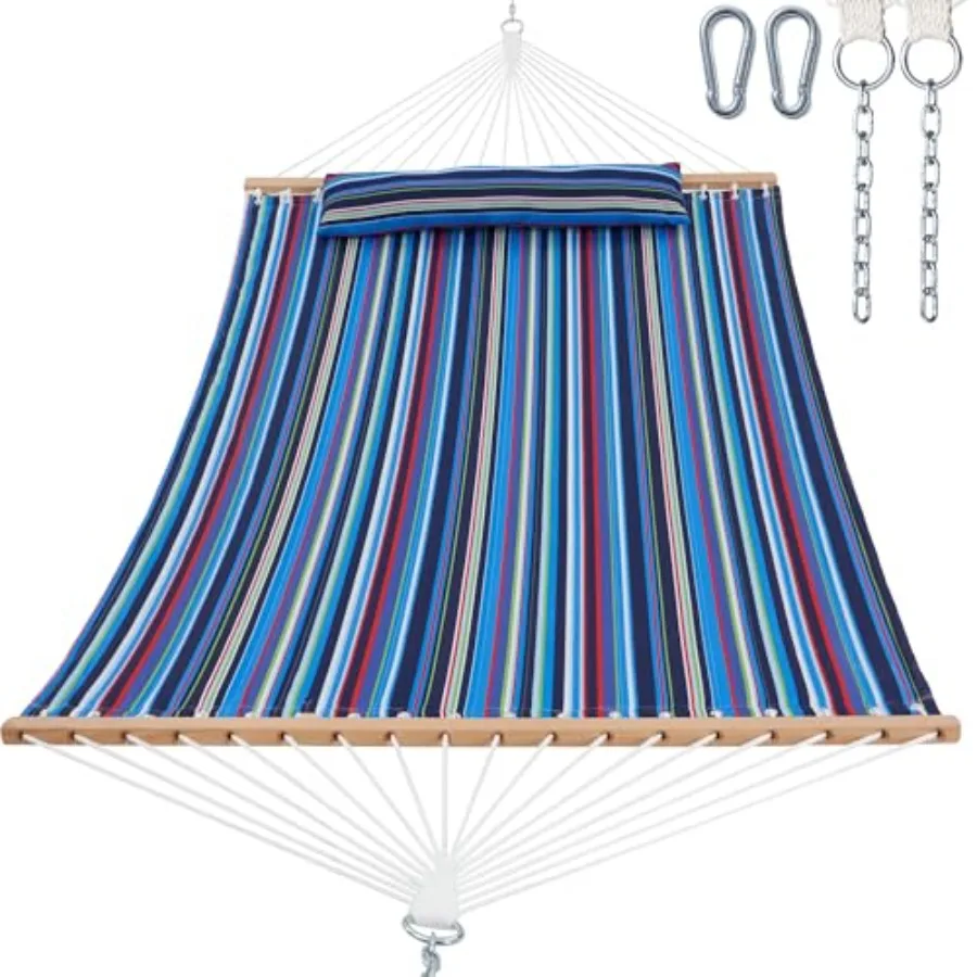 2 Person 12FT Outdoor Double Quilted Fabric Hammock with Spreader Bar Large Removable Pillow Storage Pockets Carabiners Max 475