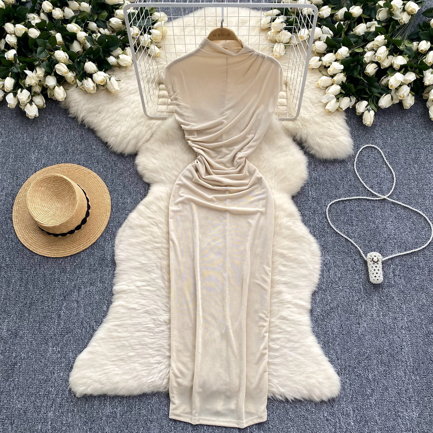 Sexy vintage Elegant Half high collar sleeveless sweet Dress Slim Women Party summer pencil pleated dresses