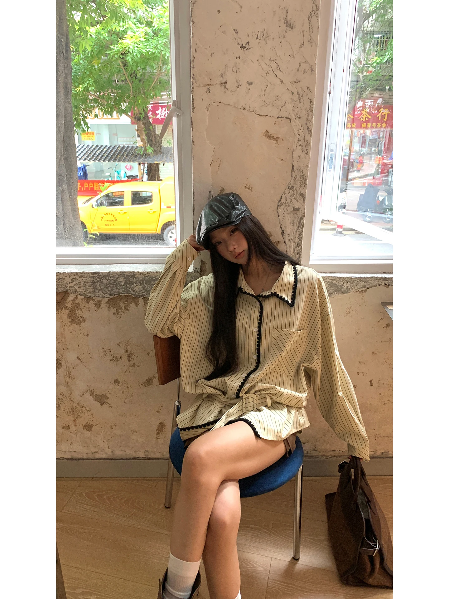 

Striped Loose Long Sve Women's irt Lazy Sle Midi Length Casual Commute Sle Polyester Cotton Viscose Blend irt