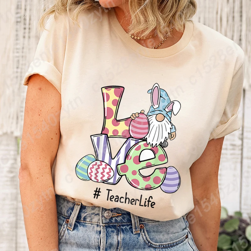 Easter Day Love Gnome Teacher Life Print Summer Casual T-shirts For Women Creative O Neck Short-sleeved Tees Fashion Ladies Tops