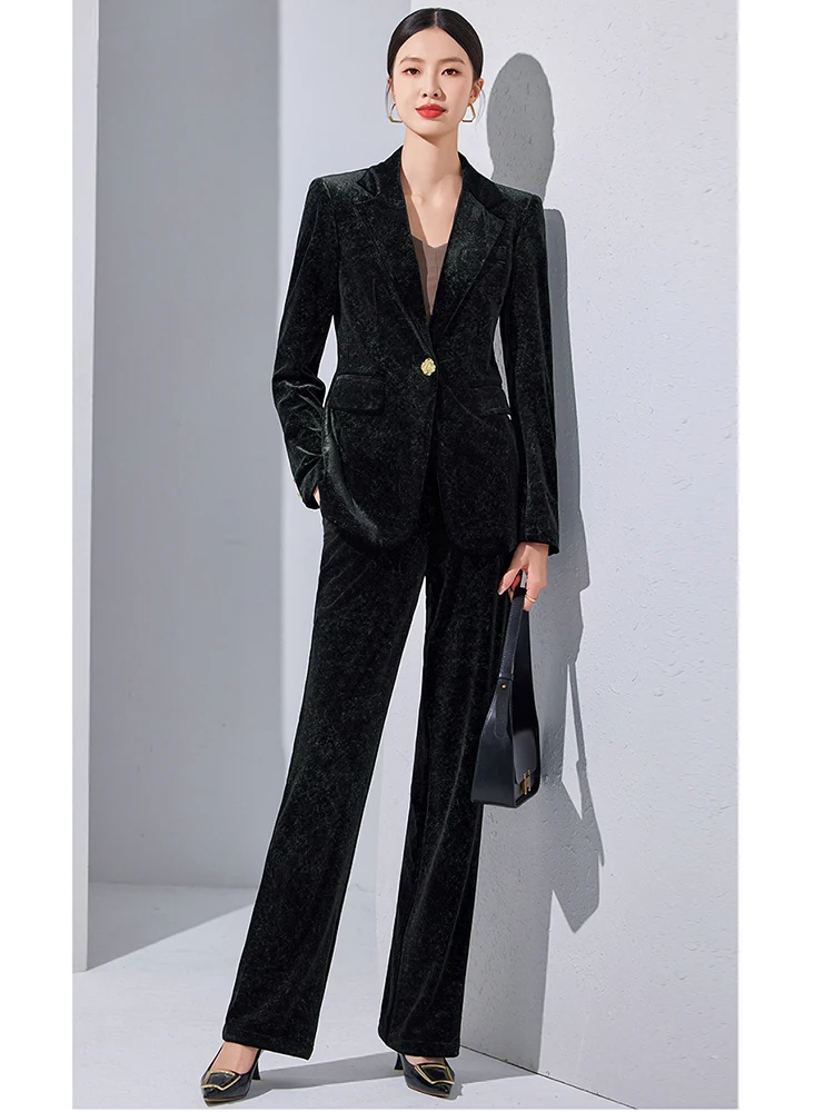 ZJYT Women\'s Two Piece Set Blazer Pants Suit Elegant Office Lady Outfit Plus Size One Button Velvet Jacket Trousers Matching Set