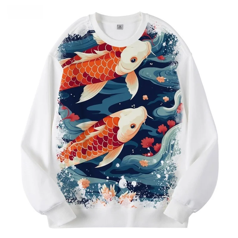 Sweater Pria Longgar Berlapis Fce dengan Pola Ikan Mas Cetak Digital, Gaya Kasual Bisnis Musim Dingin, Serat Poliester