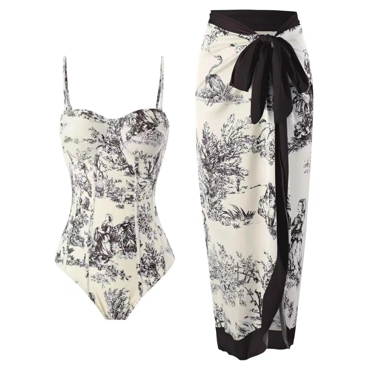 2024 Sexy Print Badmode Vrouwen Strakke Rugloze Badpak Bikini Set Zomer Slanke Strand Badpak Zonnebrandcrème Rok