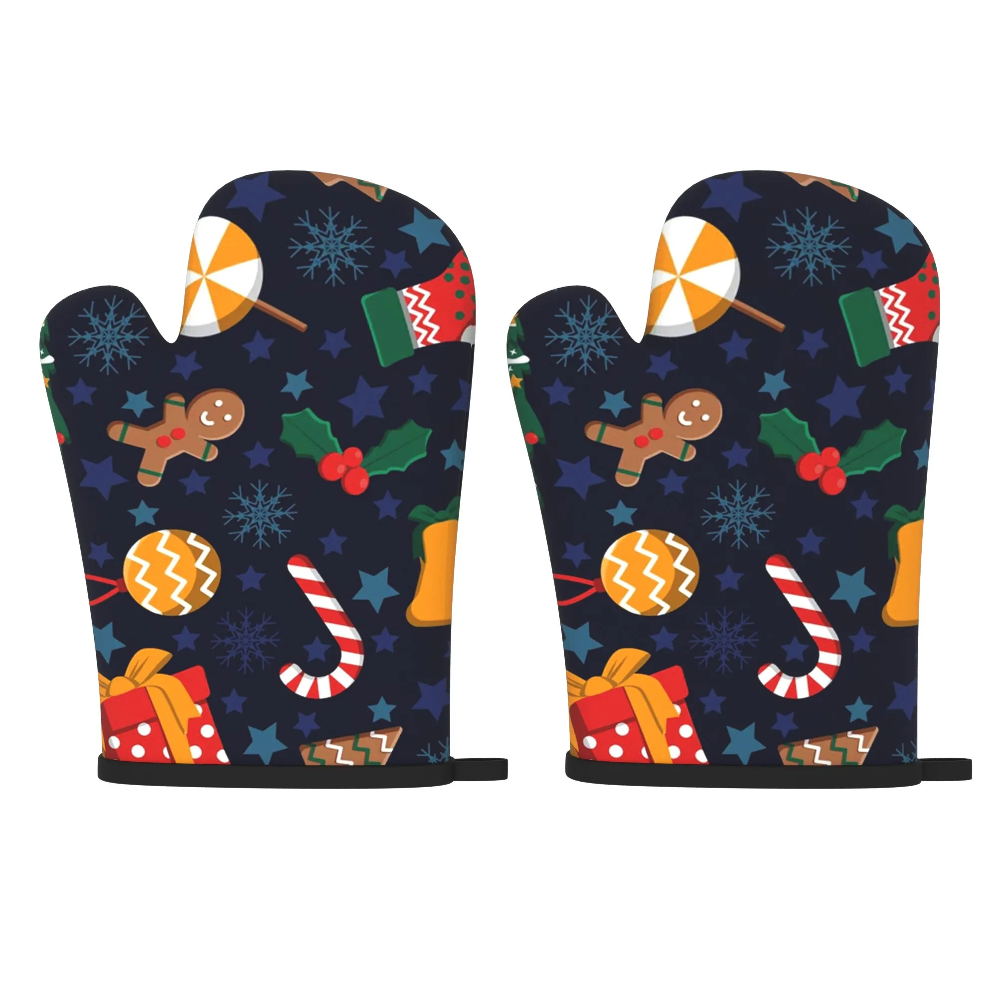 2pcs Large Oven Gloves Non-Slip Grip Kitchen Mitts with Christmas Designs (Gingerbread, Candy Canes, Stars) Heavy Duty